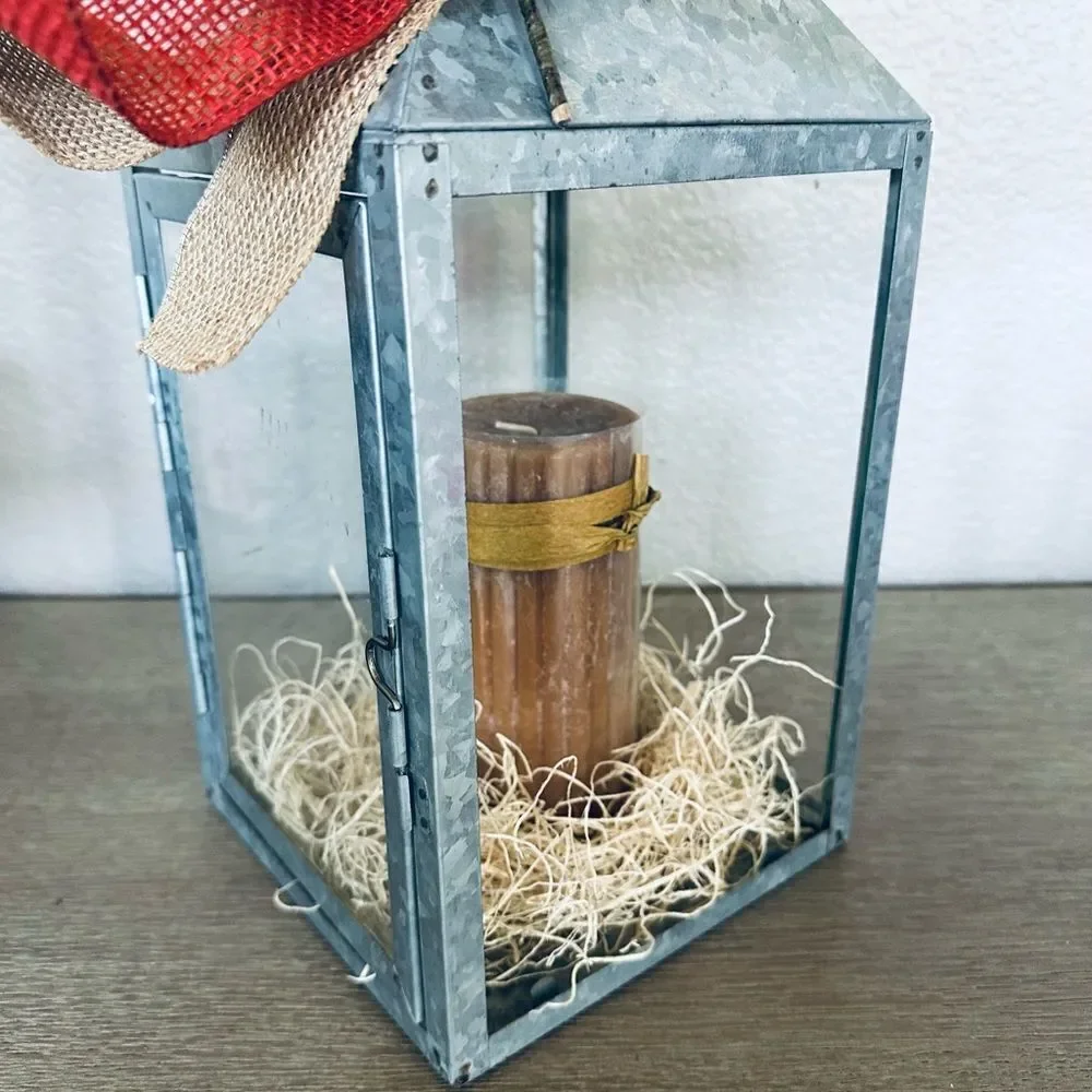 Fall Autumn Galvanized Metal Farmhouse Lantern Burlap Floral Decor
